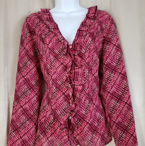 NWOT i.e. pink digital print ruffled silk button down blouse Womens Medium - Picture 5 of 7
